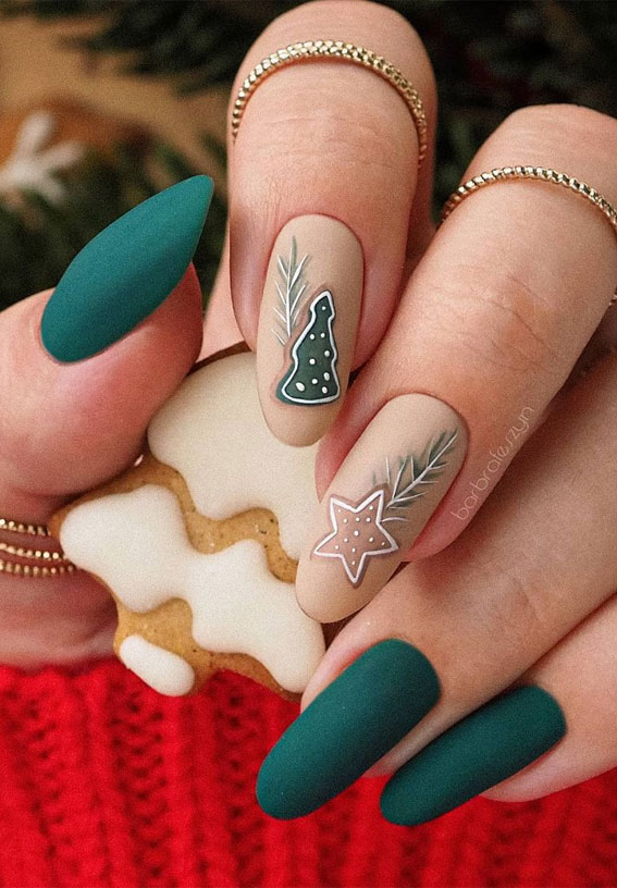 matte green and nude christmas nails, holiday nails designs, festive nails, holiday nails designs, christmas nail designs 2021, christmas nails 2021, christmas acrylic nails