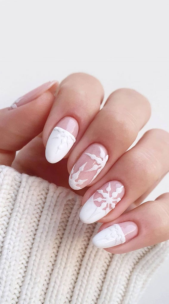 25 Pretty Holiday Nail Art Designs 2021 : Textured Snowflake and White Tip Nails