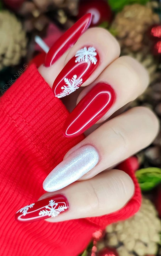 30+ Christmas and Holiday Nail Designs for Every Taste : White Snowflake Red Long Nails