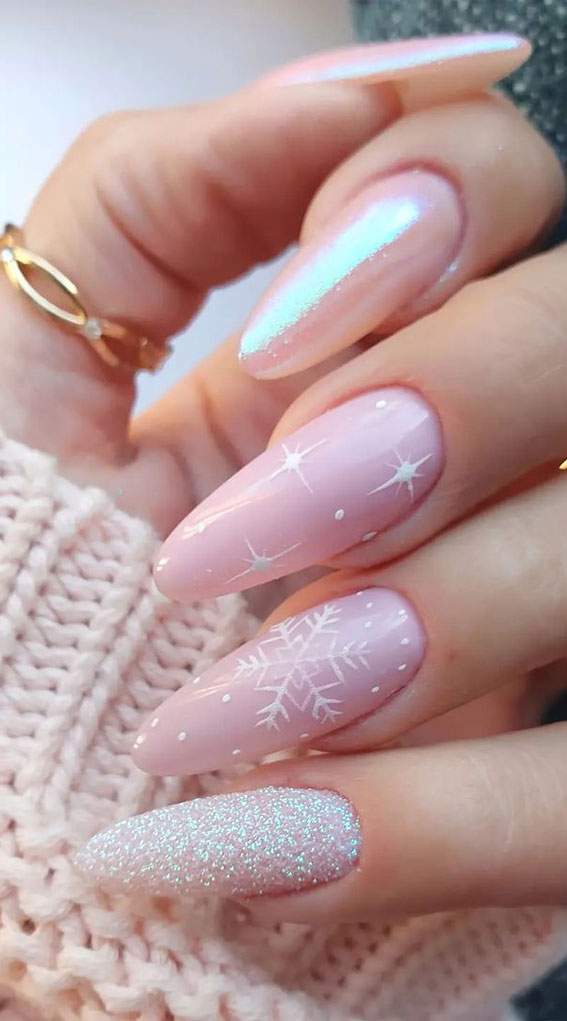 snowflake light pink festive nails, light pink christmas nails, holiday nails designs, festive nails, holiday nails designs, christmas nail designs 2021, christmas nails 2021, christmas acrylic nails