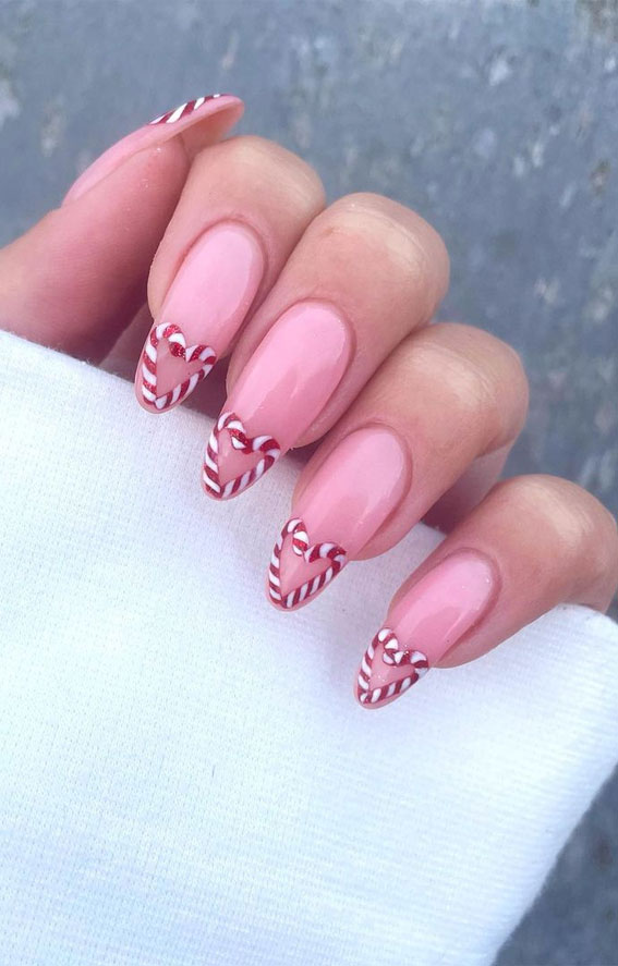 30+ Christmas and Holiday Nail Designs for Every Taste : Candy cane heart tips