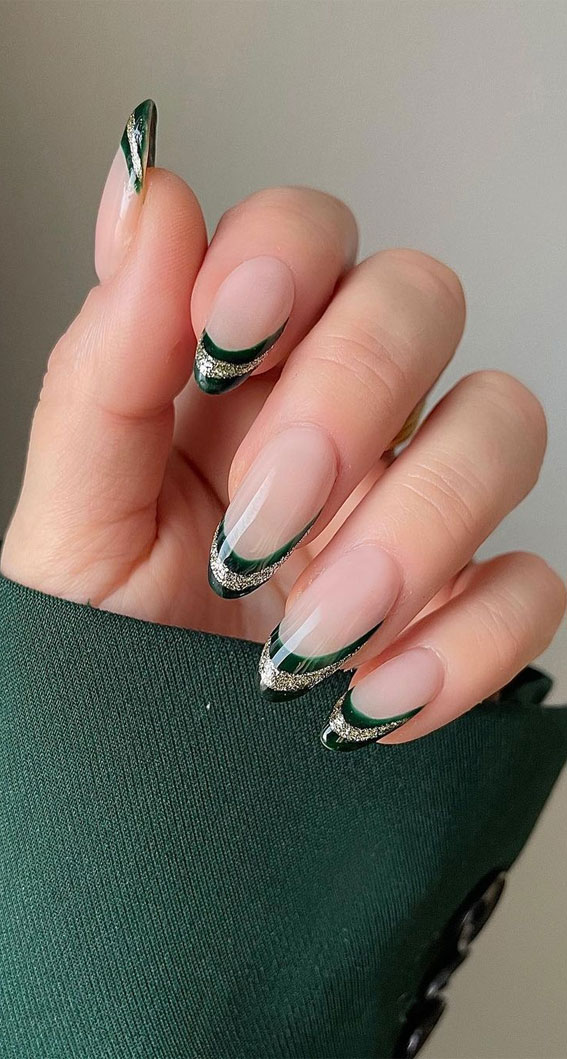30+ Christmas and Holiday Nail Designs for Every Taste : Dark Green and Glitter French Tips