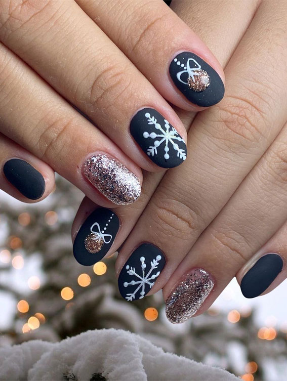 matte dark blue christmas nails, fun christmas nails, holiday nails, holiday nails designs, festive nails, holiday nails designs, christmas nail designs 2021, christmas nails 2021, christmas acrylic nails