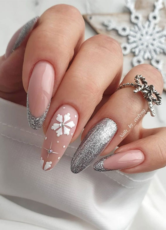 silver and pink christmas nails, holiday nails, holiday nails designs, festive nails, holiday nails designs, christmas nail designs 2021, christmas nails 2021, christmas acrylic nails