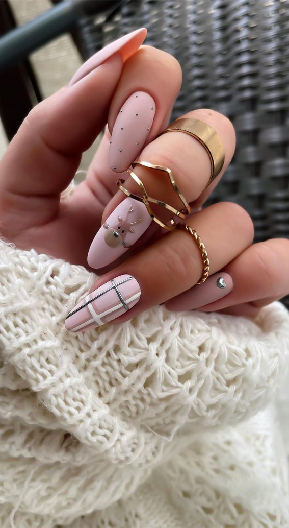 30+ Christmas and Holiday Nail Designs for Every Taste : Matte Pink with Rudolph & Tartan Nails