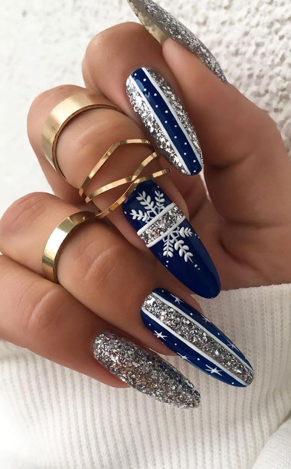 30+ Christmas and Holiday Nail Designs for Every Taste : Snowflake Silver and Blue Holiday Nails