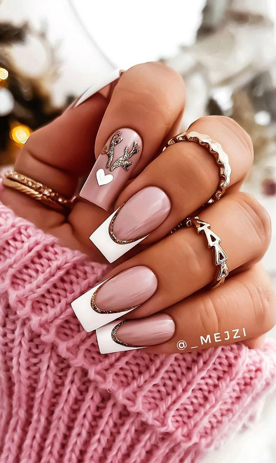 25 Pretty Holiday Nail Art Designs 2021 : Reindeer and White Tip Festive Nails
