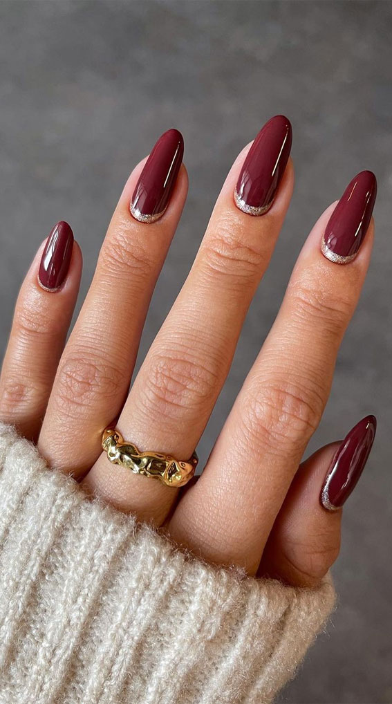 burgundy holiday nails, glitter cuticle nails, holiday nails 2021, holiday nails designs, festive nails 2021