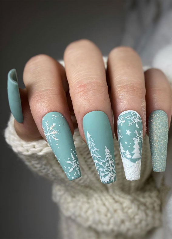 25 Pretty Holiday Nail Art Designs 2021 : Soft Green Winter Coffin Nails