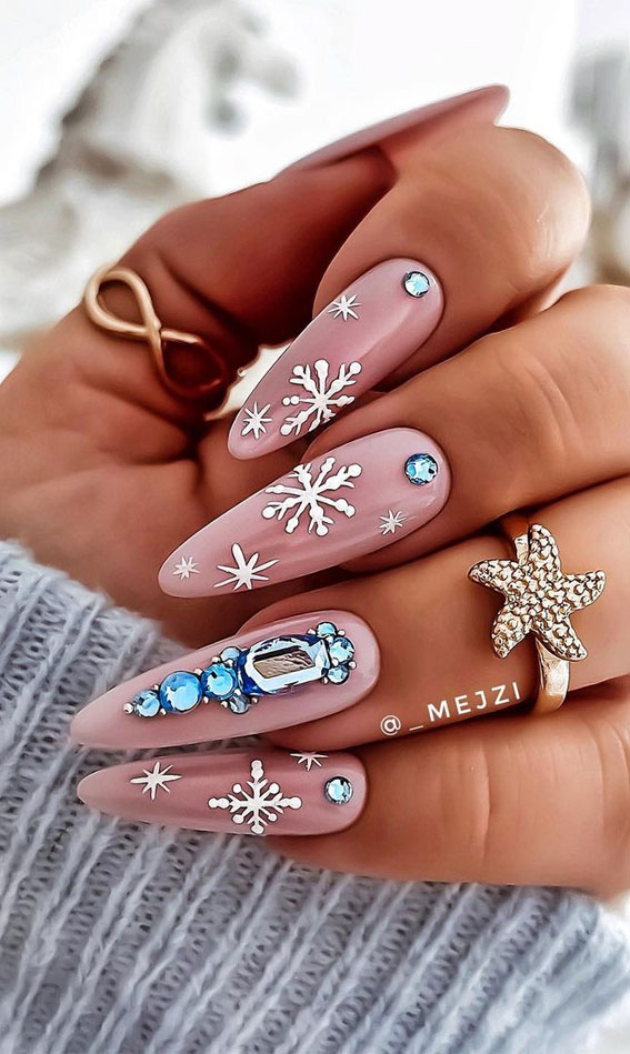 25 Pretty Holiday Nail Art Designs 2021 : Jewel and Snowflake Stiletto Festive Nails