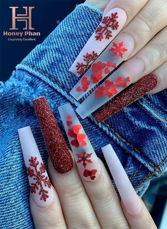 25 Pretty Holiday Nail Art Designs 2021 : Snowflake Deep Red Christmas Long Nails
