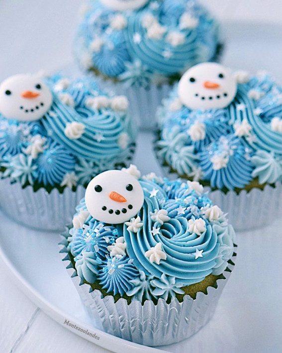 Festive Cupcakes to Add to Your Holiday Table : Snowman on Shades of Blue Buttercream Cupcakes