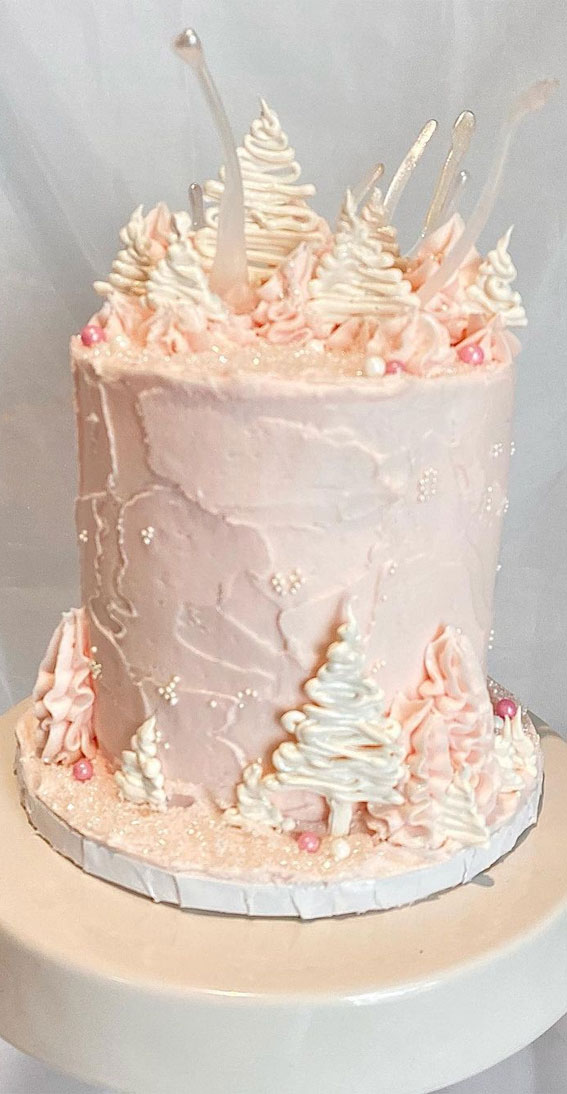 20 Jaw Dropping Winter Cakes : Pink Winter Cake with White Pearl Sprinkles