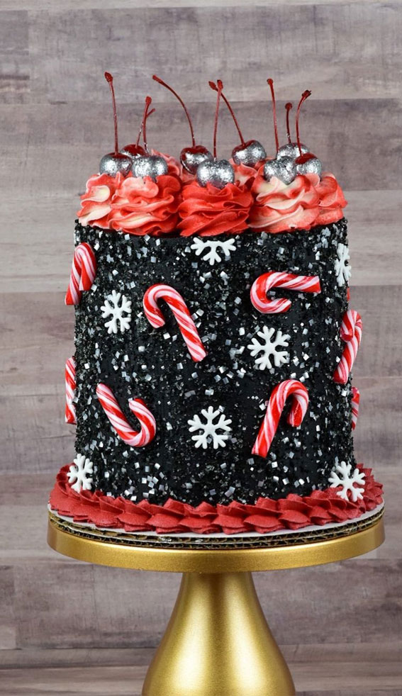 20 Jaw Dropping Winter Cakes : Black Christmas Cake Adorned with Candy Cane