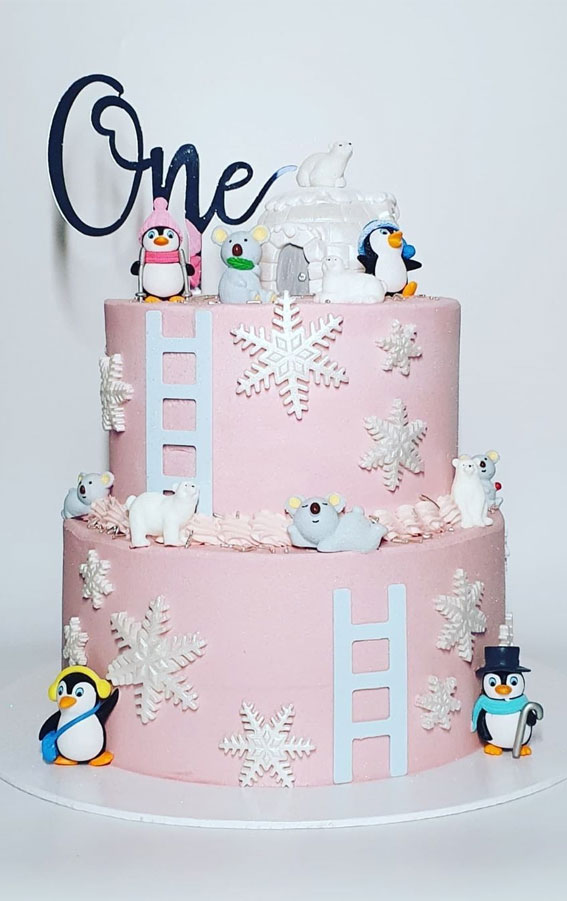 20 Jaw Dropping Winter Cakes : Pink Winter Cake for Baby First Birthday 
