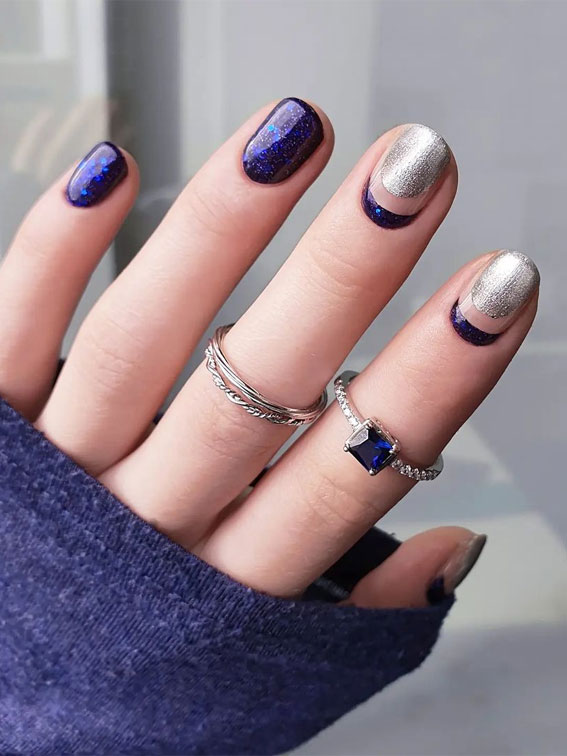 midnight blue nails, reverse french nails, silver and blue nails, winter nails 2021