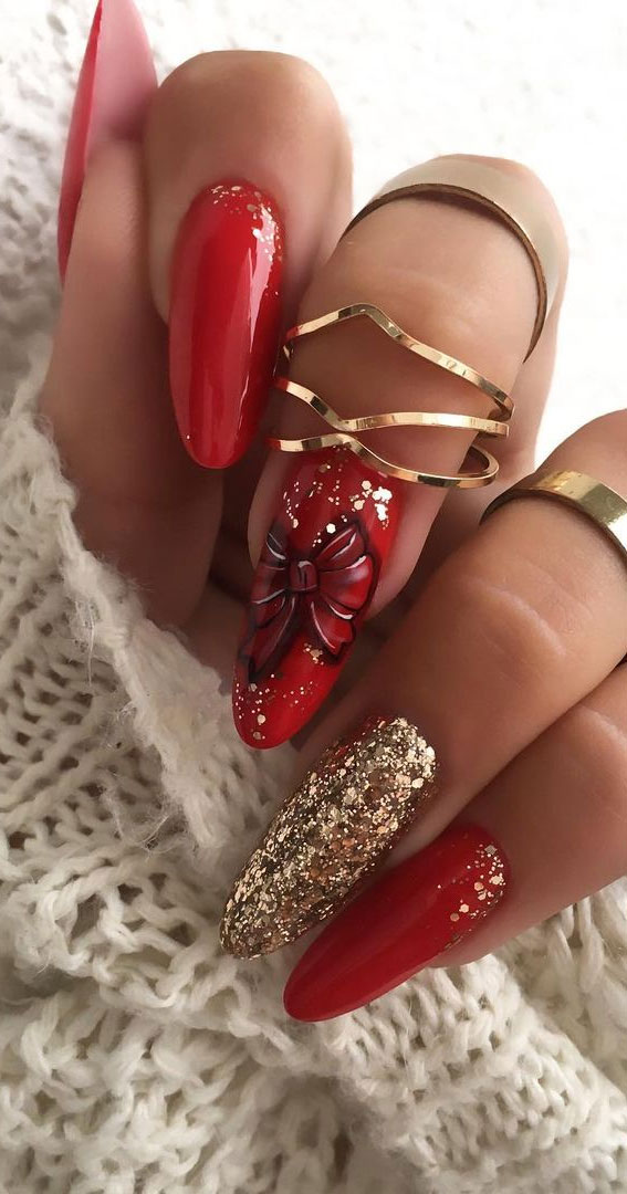 27 Charming Winter Nail Designs : Red and Glitter Winter Nails