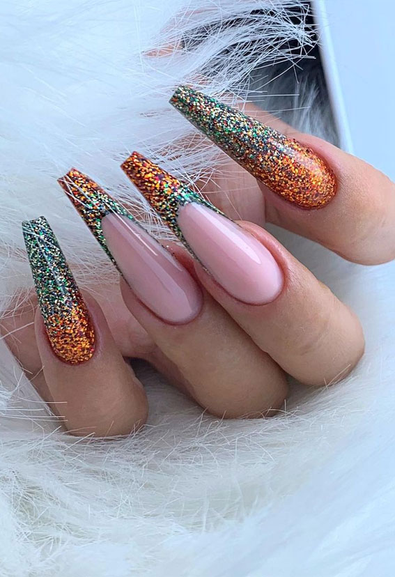 27 Charming Winter Nail Designs : Ombre Green and Orange Long Nails