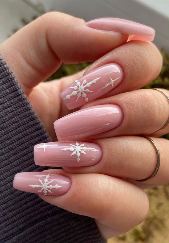 27 Charming Winter Nail Designs : White Snowflake Minimal Winter Nails
