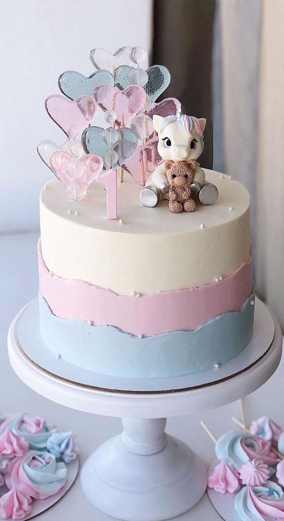 25 Cute Baby Girl First Birthday Cakes : Light Pink and Blue Baby 1st Birthday Cake
