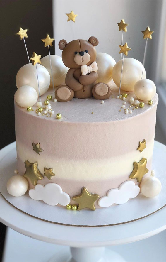 25 Cute Baby Girl First Birthday Cakes :  Cloud, Teddy and Star Pink Cake