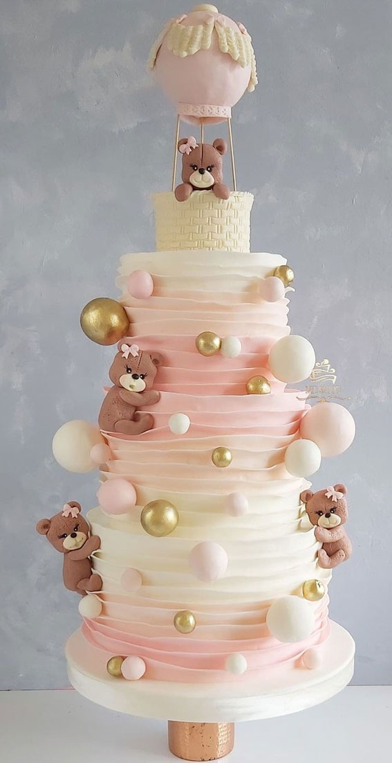 25 Cute Baby Girl First Birthday Cakes : Teddy Bear Hot Air Balloon Ombre Pink Cake