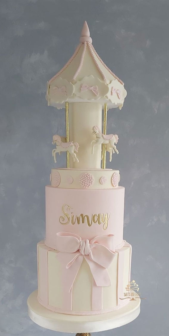 25 Cute Baby Girl First Birthday Cakes : Soft Pink Carousel Cake