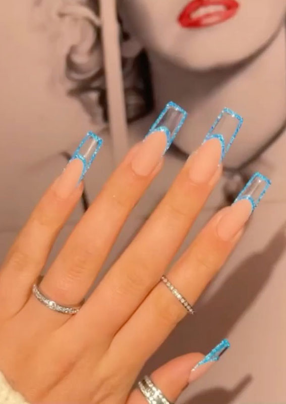 glittery blue outlined french tip,s french tip nails, french nails 2022, modern french twist nails, modern french manicure