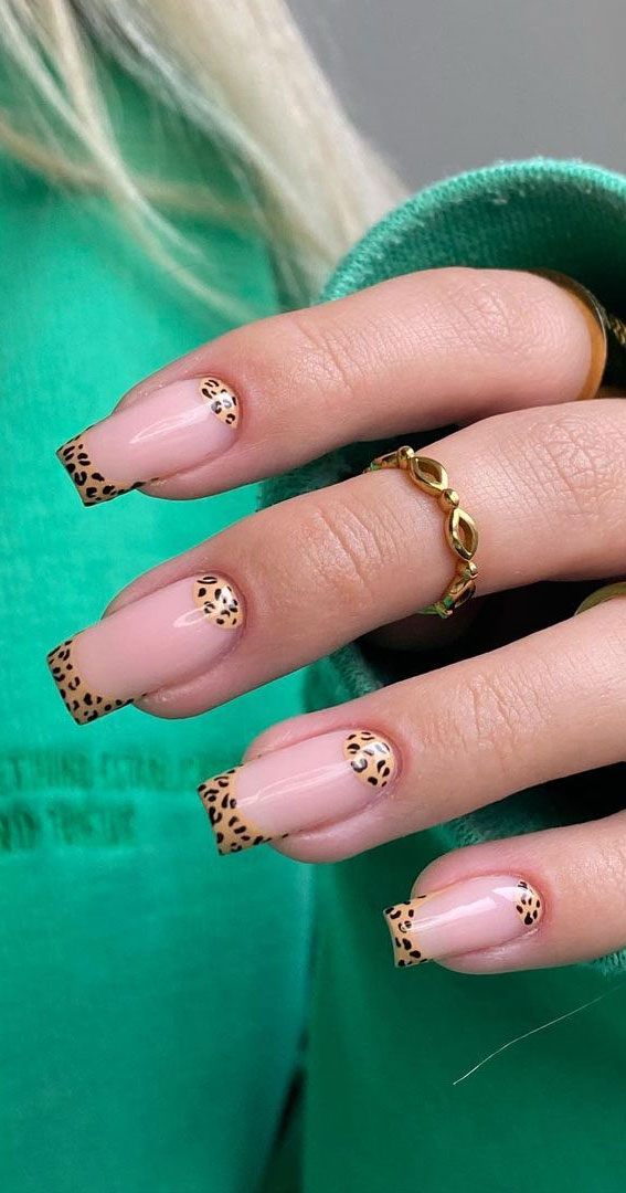 40 Modern French Style Nails To be Wearing in 2022 : Leopard Half Moon and French Tip Nails