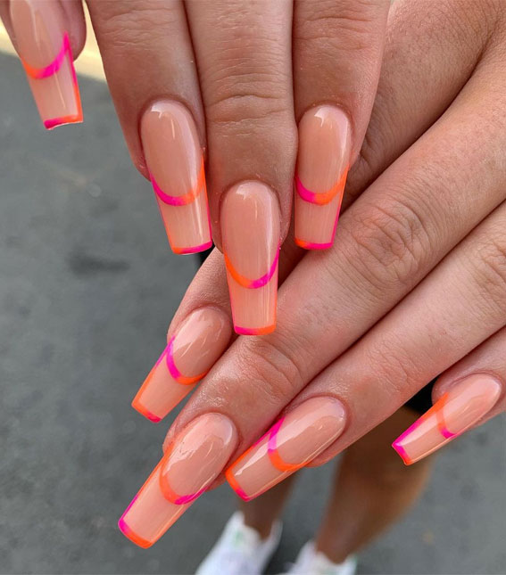 40 Modern French Style Nails To be Wearing in 2022 : Pink and Orange Ombre French Outlined Nails
