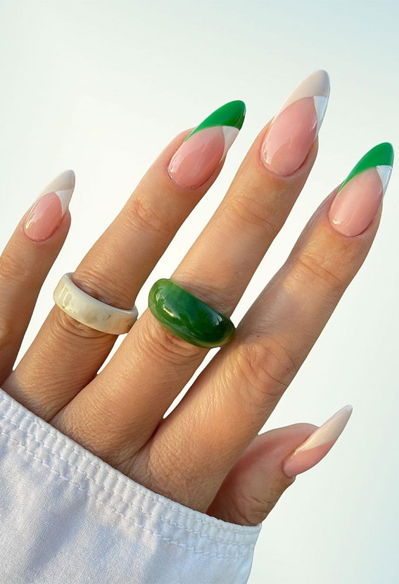 40 Modern French Style Nails To be Wearing in 2022 : Green Bottega and White Modern French Tips