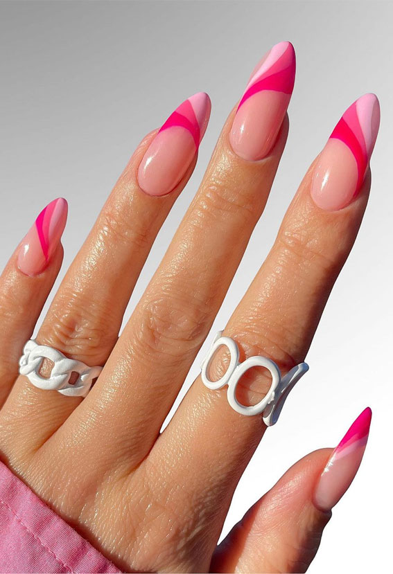 40 Modern French Style Nails To be Wearing in 2022 : Swirly Shades of Pink French Mani
