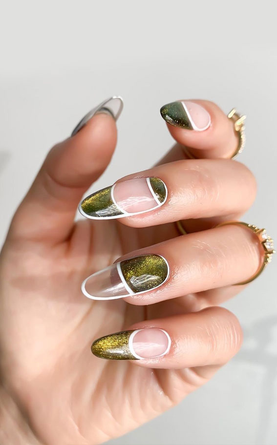 40 Modern French Style Nails To be Wearing in 2022 : Velvet Green & White Outline