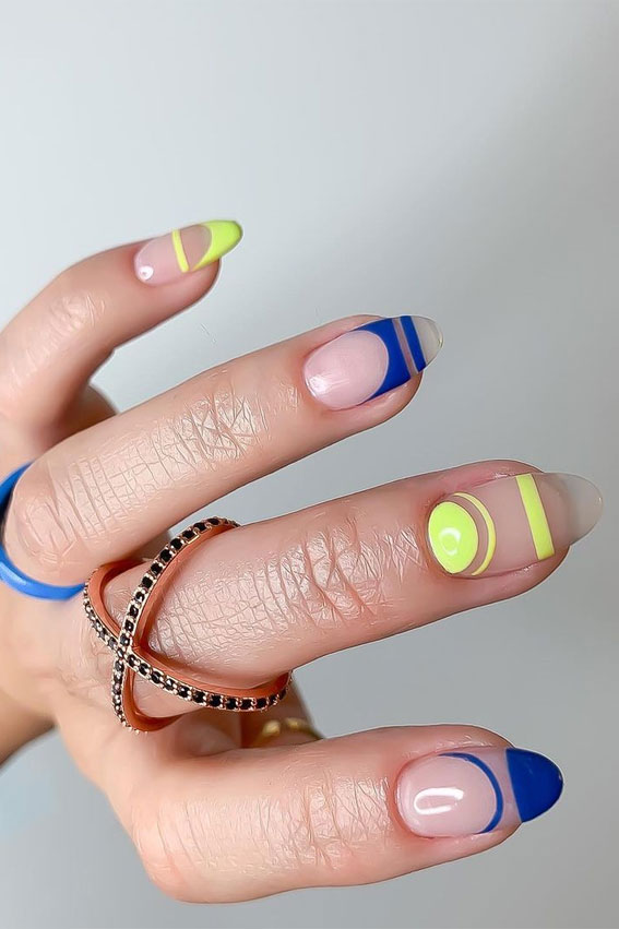 40 Modern French Style Nails To be Wearing in 2022 : Bright Blue and Pastel Yellow Tips
