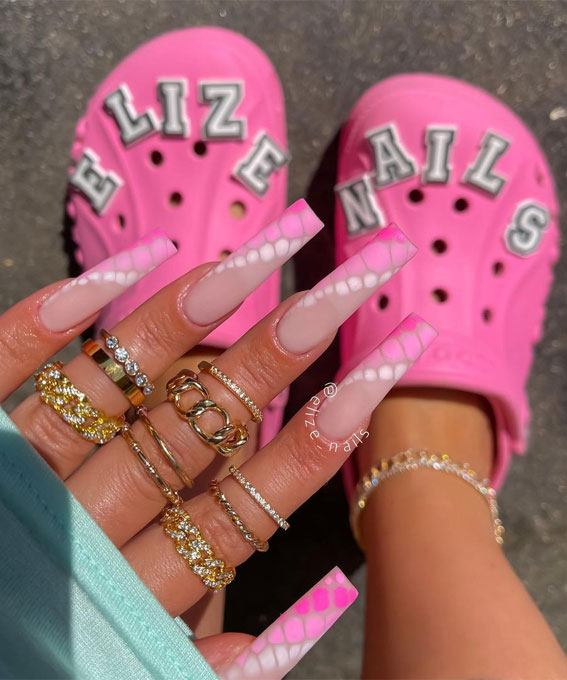 pink snake print side french nails, spring nails 2022, 2022 nail trends, acrylic nails 2022, french nail designs pictures, gel nails 2022, spring 2022 nail trends, french nails 2022, modern french manicure, french nail designs with color, colored French tip nails 2022