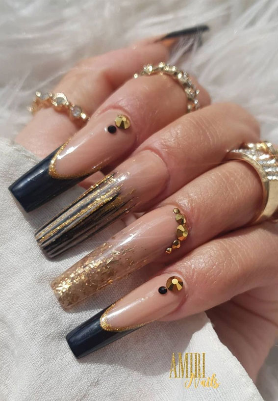 black and gold french nails, french nails, french manicure, black and gold french tips, modern french manicure 2022
