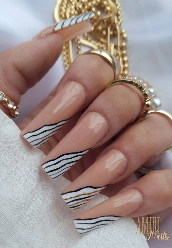 black and white side french nails, french nails, french manicure, black and gold french tips, modern french manicure 2022