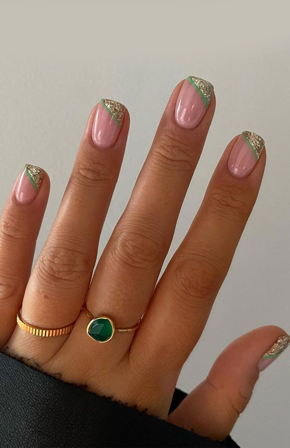 green and glitter side french nails, french nail designs, modern french manicure, french manicure 2022