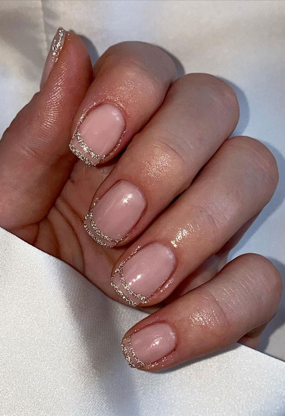 40 Modern French Style Nails To be Wearing in 2022 : Glittery Outlined French Nails