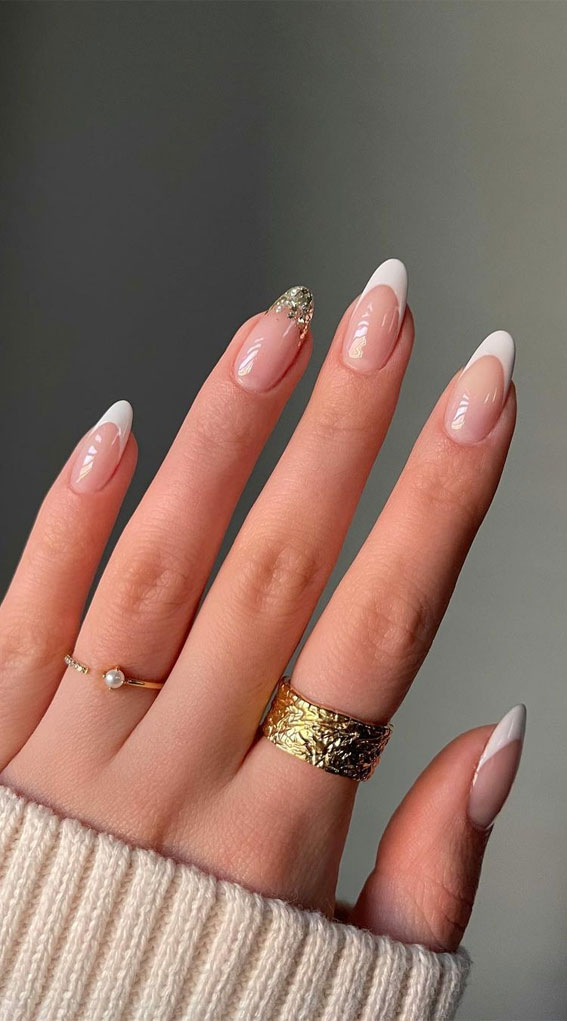 40 Modern French Style Nails To be Wearing in 2022 : White and Glitter Tip Nails