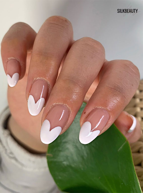 white heart shaped french tips, white french manicure, modern french manicure 2022, wedding nails, white tip nails, french nail designs 2022