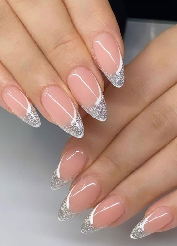 40 Modern French Style Nails To be Wearing in 2022 : Reflected Glitter French Gel Nails