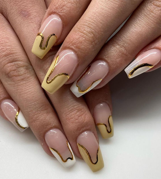 40 Modern French Style Nails To be Wearing in 2022 : Gold Foil Abstract Tip Nails