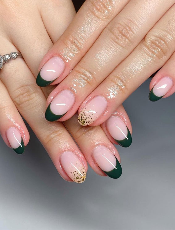 40 Modern French Style Nails To be Wearing in 2022 : Glitter Ombre & Green French Tip Nails