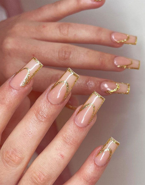 40 Modern French Style Nails To be Wearing in 2022 : Gold Glitter Outlined French Nails