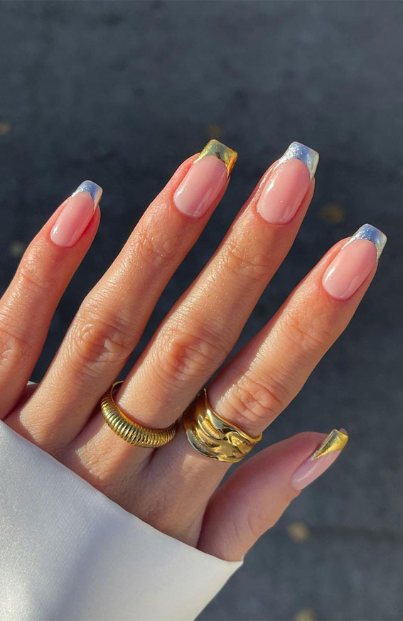 40 Modern French Style Nails To be Wearing in 2022 : Metallic Gold and Silver Tip Nails