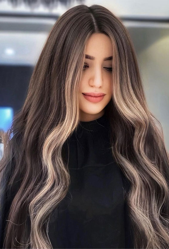 38 Best Hair Colour Trends 2022 That’ll Be Big : Dark Hair Colour with High Contrast Blonde
