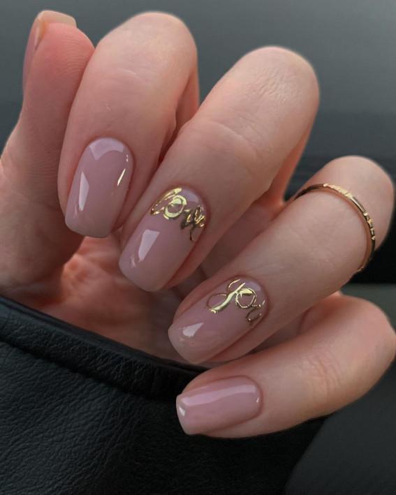40 Best Wedding Nails 2022 : Gold “Love You” Nails