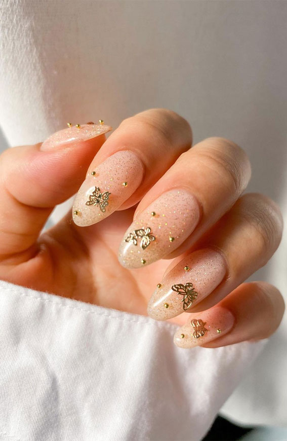 40 Best Wedding Nails 2022 : Gold Butterfly Nude Nails