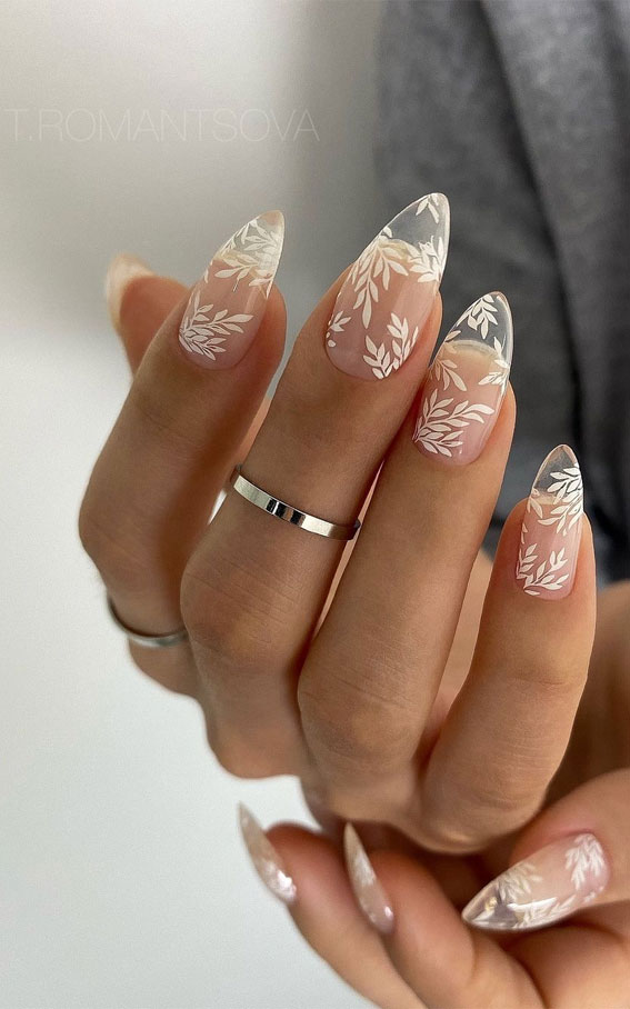 40 Best Wedding Nails 2022 : Glass Nails with White Leaves